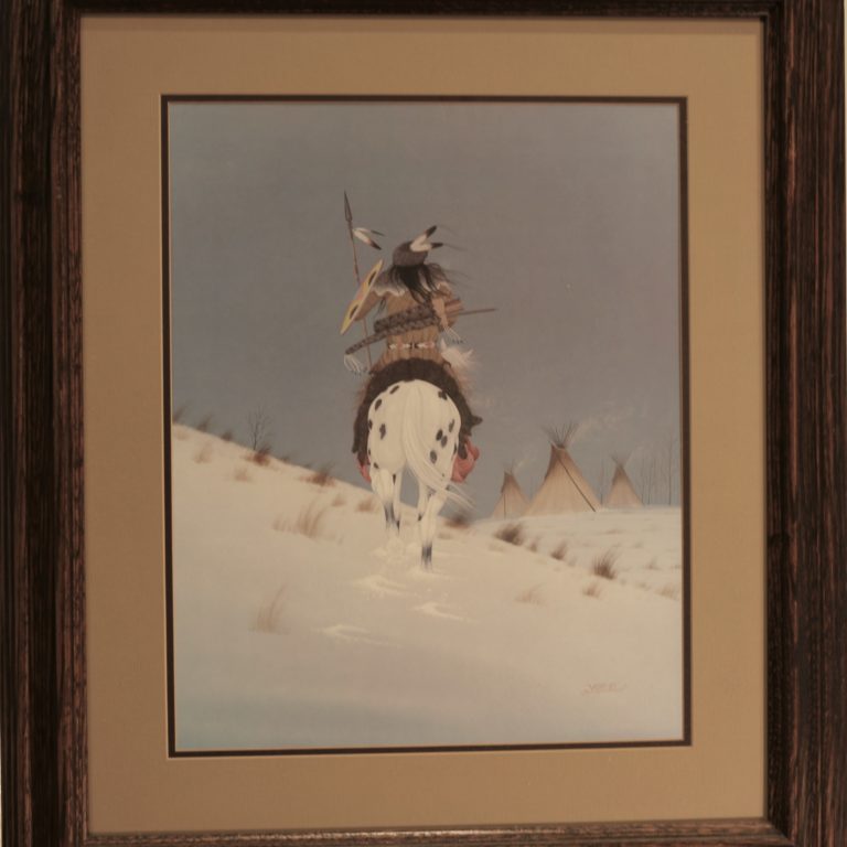 Art print Indian on horseback in snow by donald vann for sale by james burkholder