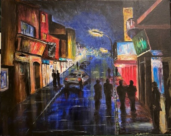 Barcelona Nightlife a painting by James Burkholder shown by Rockartscity Gallery