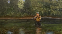 Fly fishing the White River in Arkansas by artist James Burkholder Rockartscity Gallery Harlingen, Texas