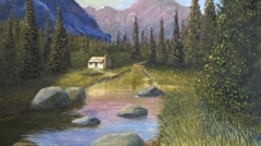 Cabin on the creek in Colorado is a painting by James Burkholder of Rockartscity Gallery