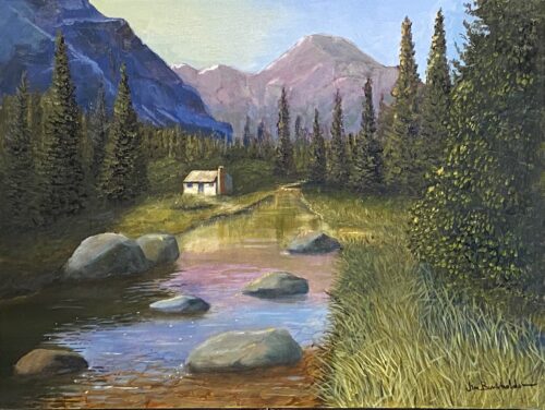 Cabin on the creek in Colorado is a painting by James Burkholder of Rockartscity Gallery