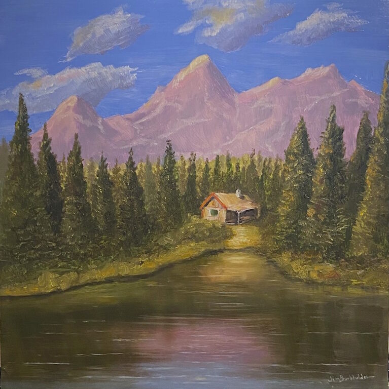 Angle's Cabin Grand Tetons is a painting by James Burkholder of Rockartscity Gallery