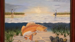Redfish at Sunrise is an oil on canvas painting showing two fishermen competing for a redfish by Jim Burkholder from Rockartscity Gallery.