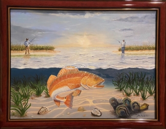 Redfish at Sunrise is an oil on canvas painting showing two fishermen competing for a redfish by Jim Burkholder from Rockartscity Gallery.