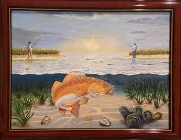 Redfish at Sunrise is an oil on canvas painting showing two fishermen competing for a redfish by Jim Burkholder from Rockartscity Gallery.