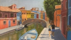 This painting, Afternoon in Burano shows a couple strolling along the canal in Burano, Italy. The painting is by James Burkholder of Rockartscity Gallery.