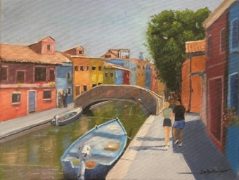 This painting, Afternoon in Burano shows a couple strolling along the canal in Burano, Italy. The painting is by James Burkholder of Rockartscity Gallery.