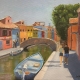 This painting, Afternoon in Burano shows a couple strolling along the canal in Burano, Italy. The painting is by James Burkholder of Rockartscity Gallery.