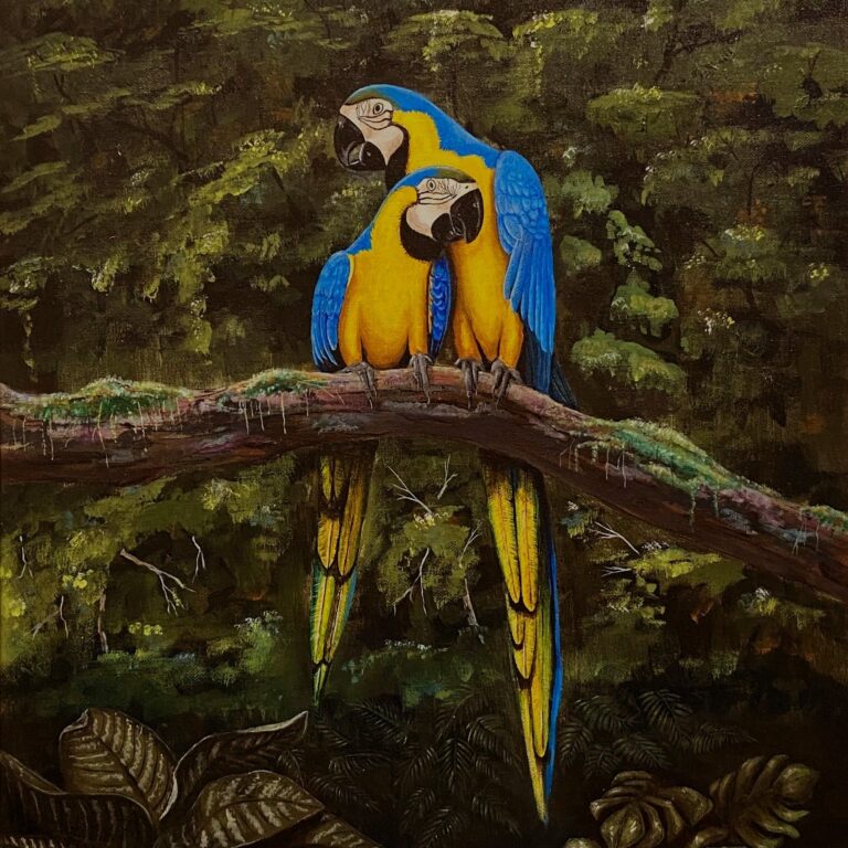 Paradiso is a painting by James Burkholder of Rockartscity Gallery showing macaws in the rainforest of Costa Rica.