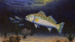The painting of a Speckled Trout chasing bait on a shallow grass covered flat by artist Jim Burkholder at rockartscity gallery, Harlingen, Tx
