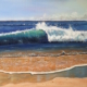 Surfs Up South Padre, a painting by Jim Burkholder shows an awesome wave curling on the beach.