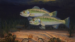 Double Trouble is a painting by Jim Burkholder showing two speckled trout chasing baitfish in the Laguna Madre.