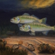 Double Trouble is a painting by Jim Burkholder showing two speckled trout chasing baitfish in the Laguna Madre.