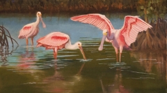 Spoonbills Laguna Madre Reverie is an oil painting by artist Jim Burkholder of Harlingen, Texas represented by Rock Arts City Gallery.