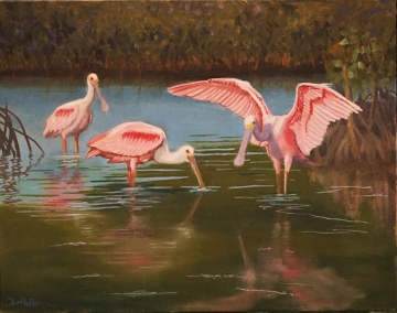 Spoonbills Laguna Madre Reverie is an oil painting by artist Jim Burkholder of Harlingen, Texas represented by Rock Arts City Gallery.