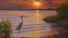 Blue Heron at Sunset is an oil painting by Jim Burkholder of Rockartscity Gallery showing a late afternoon view of the bay.