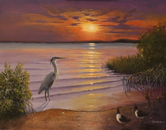 Blue Heron at Sunset is an oil painting by Jim Burkholder of Rockartscity Gallery showing a late afternoon view of the bay.