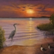 Blue Heron at Sunset is an oil painting by Jim Burkholder of Rockartscity Gallery showing a late afternoon view of the bay.