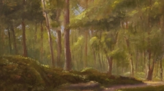 The painting Where the Light Finds You a painting by Jim Burkholder shows a serene forest with a sunlit path in Hot Springs National Forest.