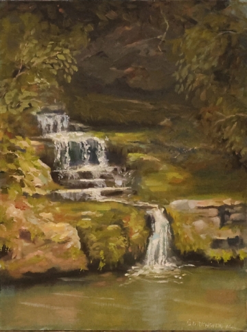 Dogwood Canyon Falls is an oil painting by Jim Burkholder done en plein air near Branson, Missouri.