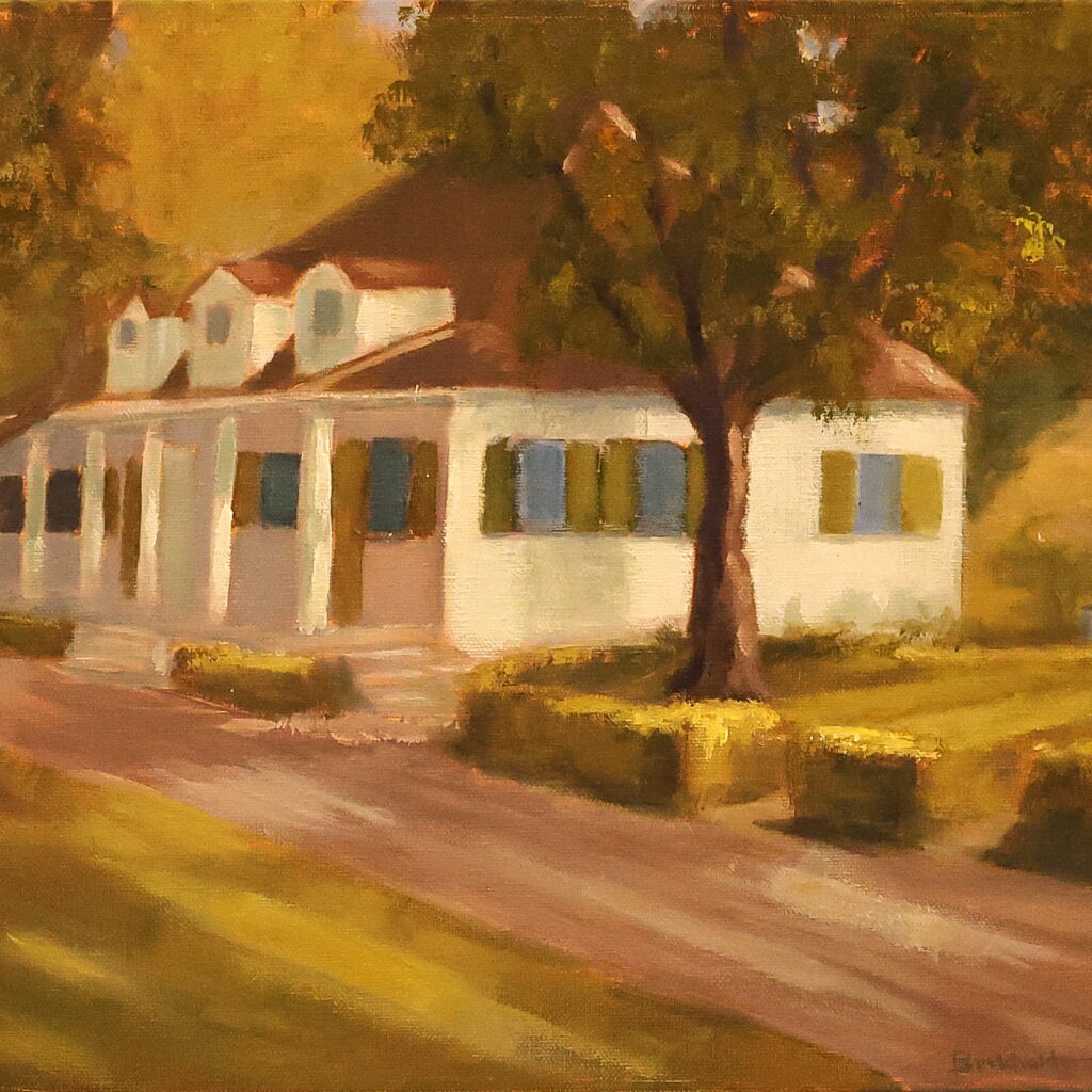 A plein air painting by Jim Burkholder of Rockartcity Gallery shows the French Legation property in Austin Texas.
