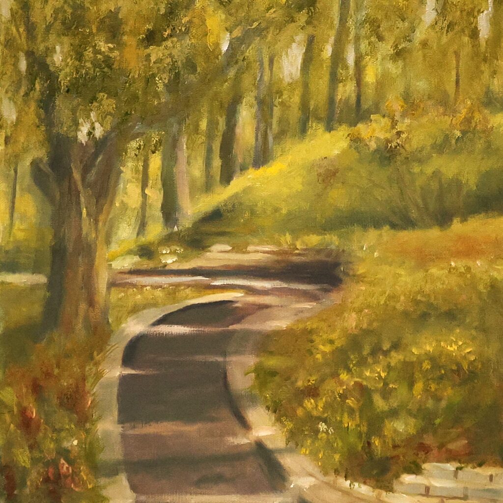 A painting by Jim Burkholder shows a pathway in Zilker Park Botanical Gardens in Austin Texas