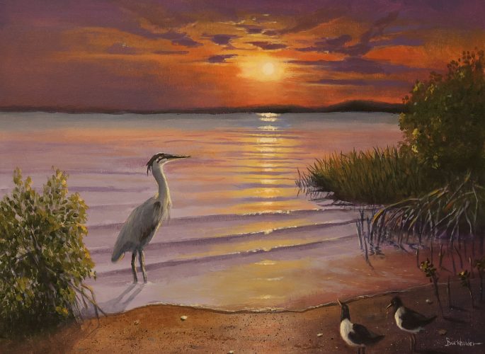 Blue Heron at Sunset is an oil painting by Jim Burkholder of Rockartscity Gallery showing a late afternoon view of the bay.