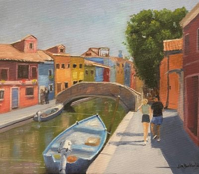 This painting, Afternoon in Burano shows a couple strolling along the canal in Burano, Italy. The painting is by James Burkholder of Rockartscity Gallery.