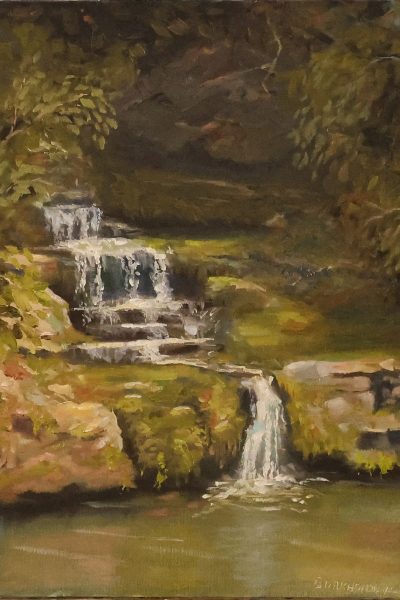 Dogwood Canyon Falls is an oil painting by Jim Burkholder done en plein air near Branson, Missouri.
