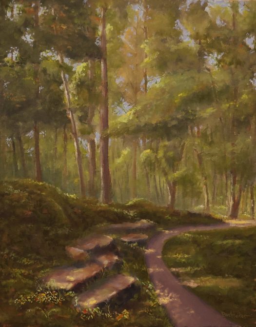 The painting Where the Light Finds You a painting by Jim Burkholder shows a serene forest with a sunlit path in Hot Springs National Forest.