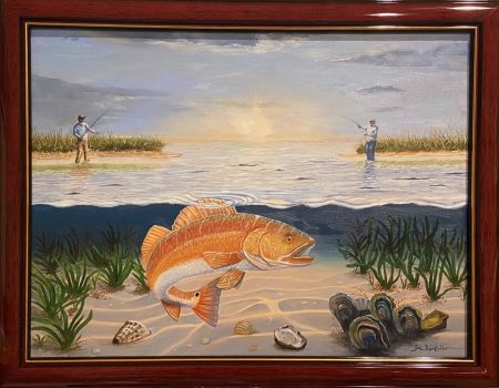 Redfish at Sunrise is an oil on canvas painting showing two fishermen competing for a redfish by Jim Burkholder from Rockartscity Gallery.