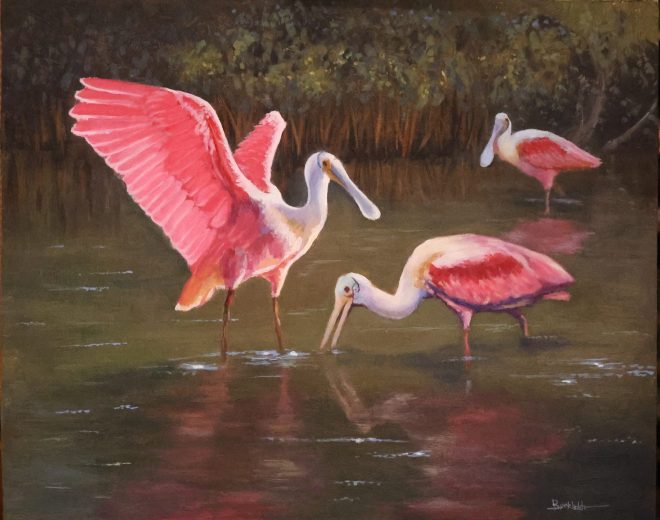Where Spoonbills Gather is a painting by artist Jim Burkholder of Rockartscity Gallery, Harlingen, Texas
