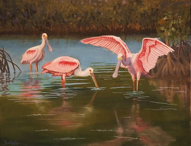Spoonbills Laguna Madre Reverie is an oil painting by artist Jim Burkholder of Harlingen, Texas represented by Rock Arts City Gallery.