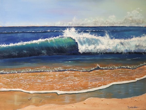 Surfs Up South Padre, a painting by Jim Burkholder shows an awesome wave curling on the beach.