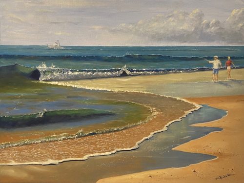 Walk on the Beach is a painting by James Burkholder of Rockartscity Gallery showing a couple walking on the inviting sand and surf of South Padre Island, Texas.